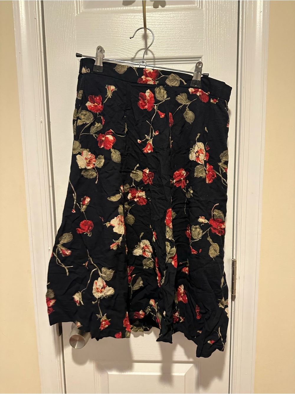Black Vintage Floral Midi Skirt with Red Roses